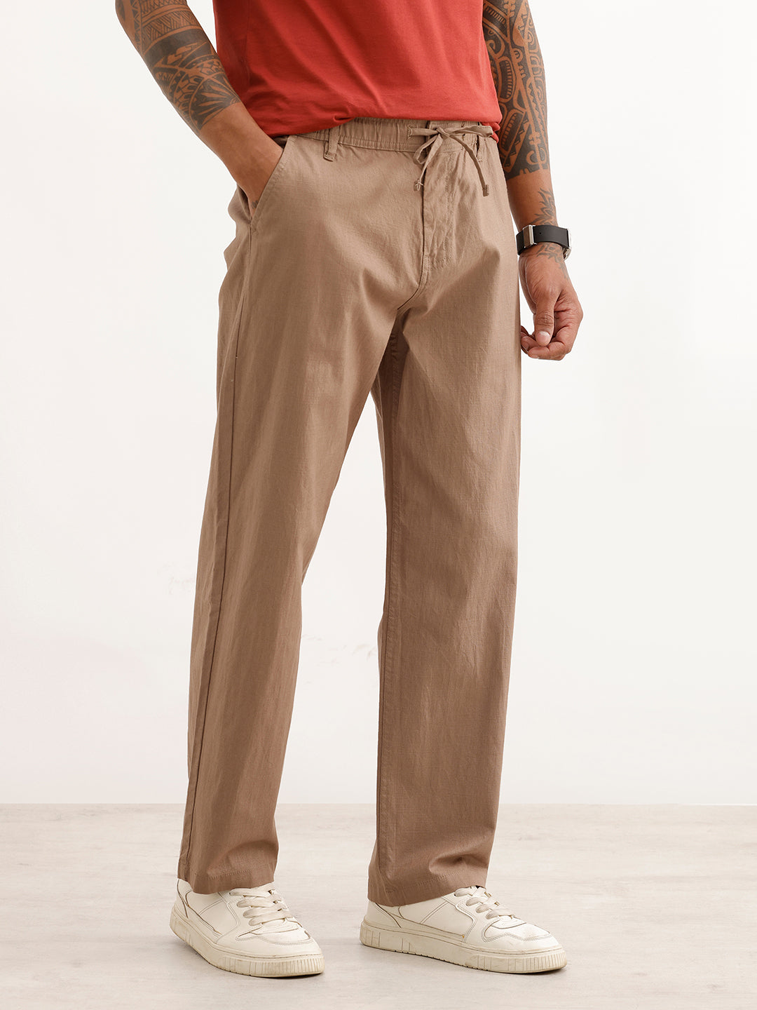 Textured Loose Fit Trousers | Light Brown