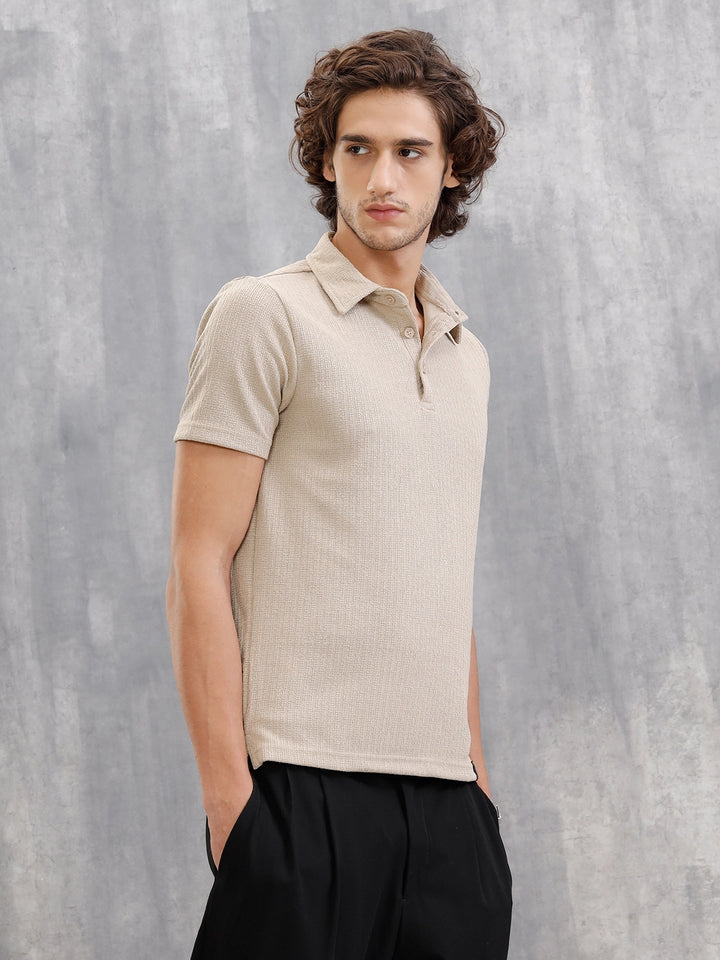 Textured Jacquard Self Design Polo In Slim Fit | Beige