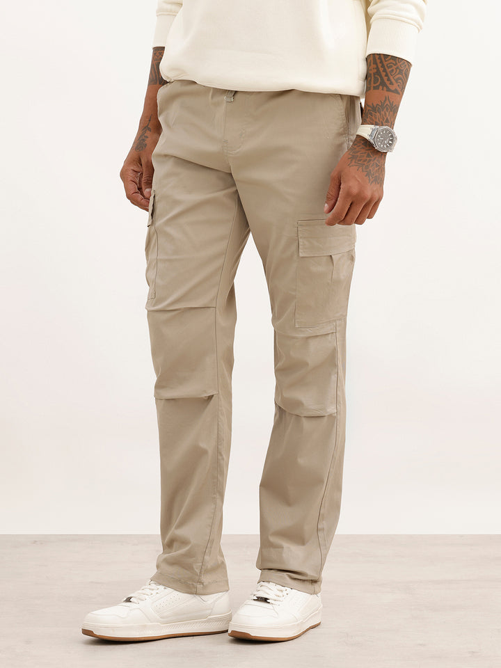 Solid Straight Fit Cargo Trouser | Beige