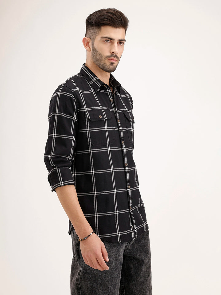Slim Fit Double Pocket Checkered Shirt | Black