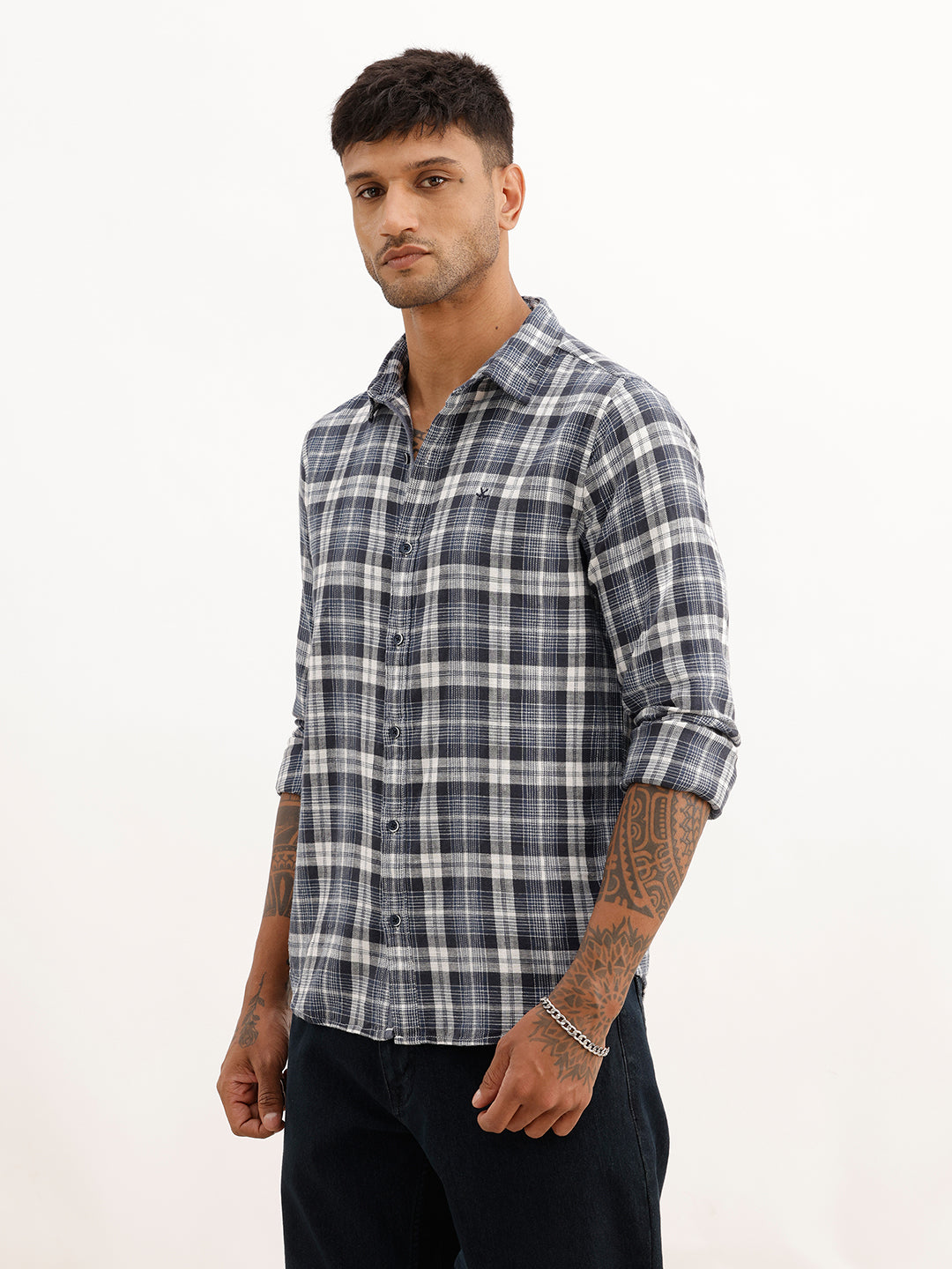 Slim Fit Checkered Full Sleeve Shirt | Blue