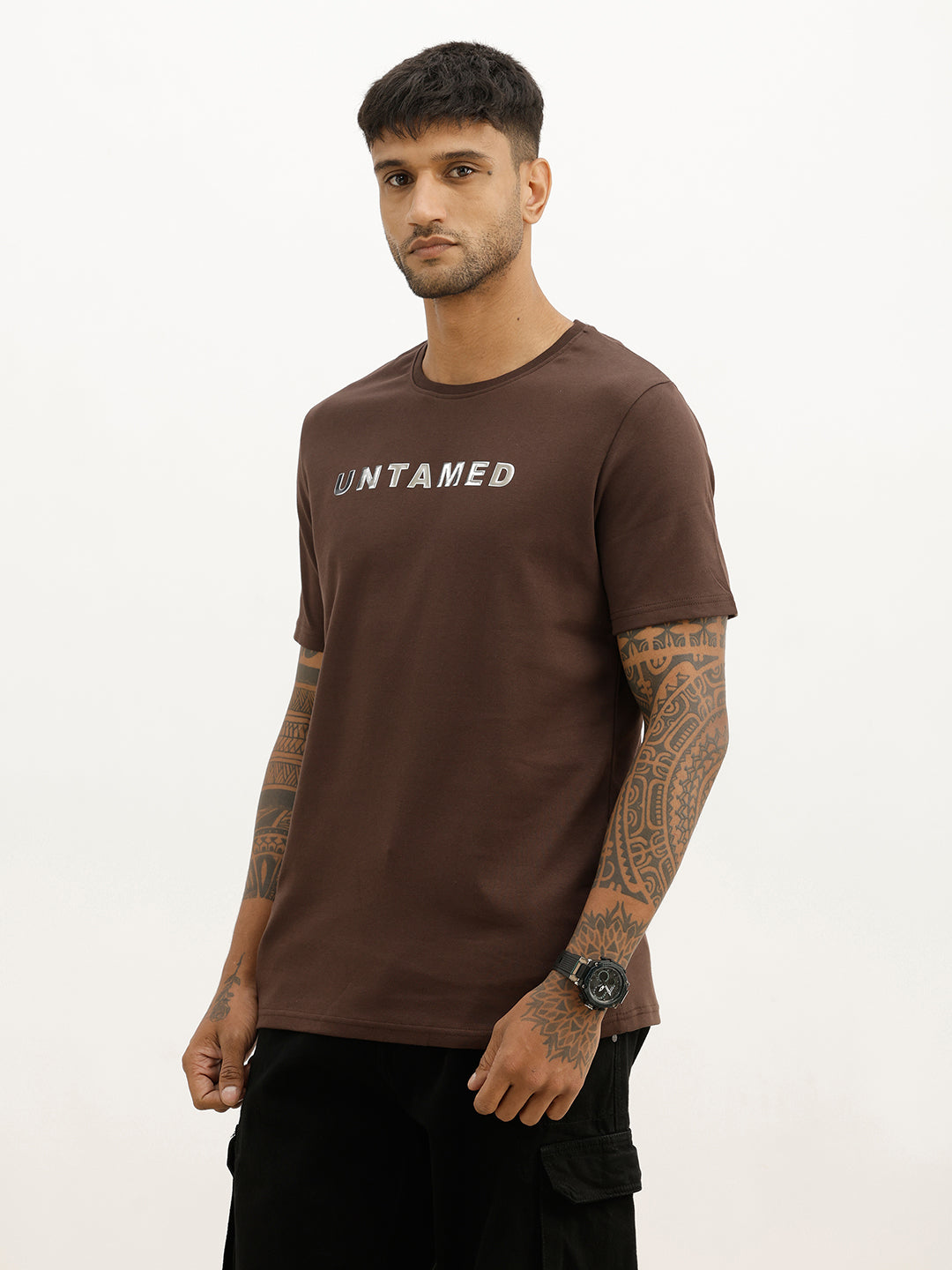 Slim Fit Foil Printed T-Shirt | Brown