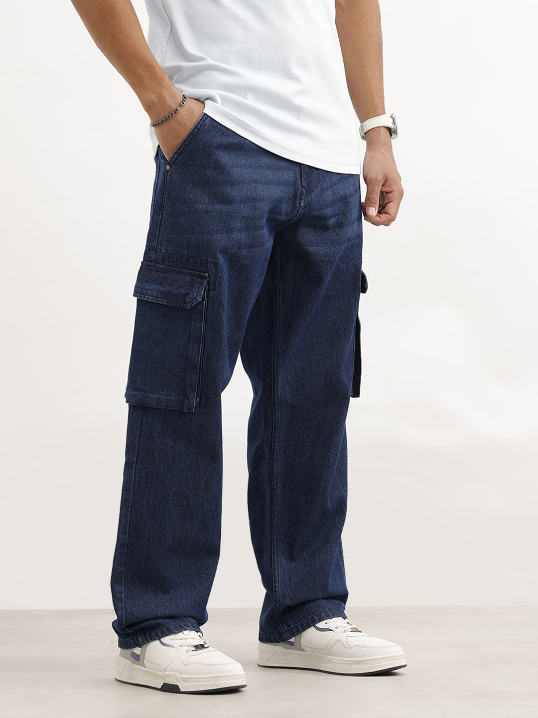Faded Loose Fit Denim Cargo | Dark Blue
