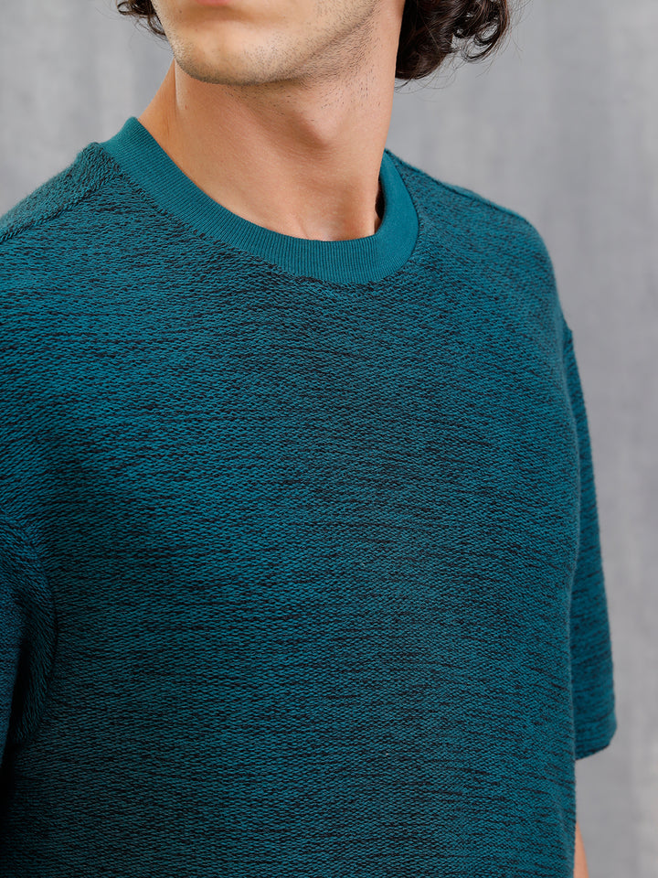 Two Tone Textured Slub Knit Oversized Crew Neck T-Shirt With Chunky Rib | Teal
