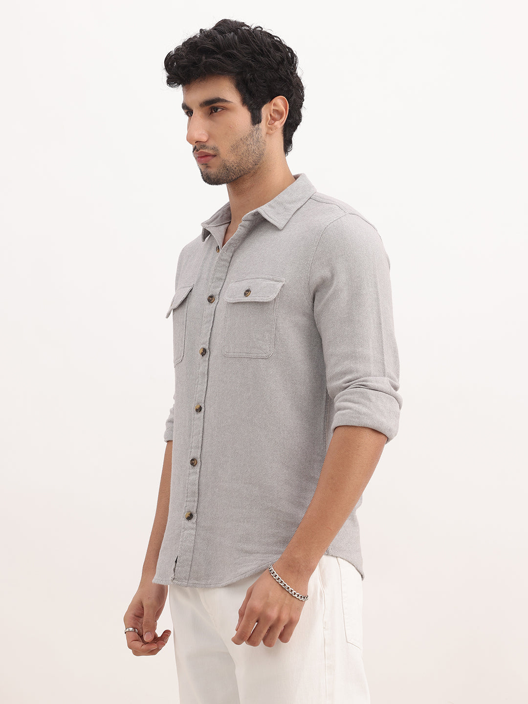 Slim Fit Double Pocket Full Sleeve Shirt | Grey
