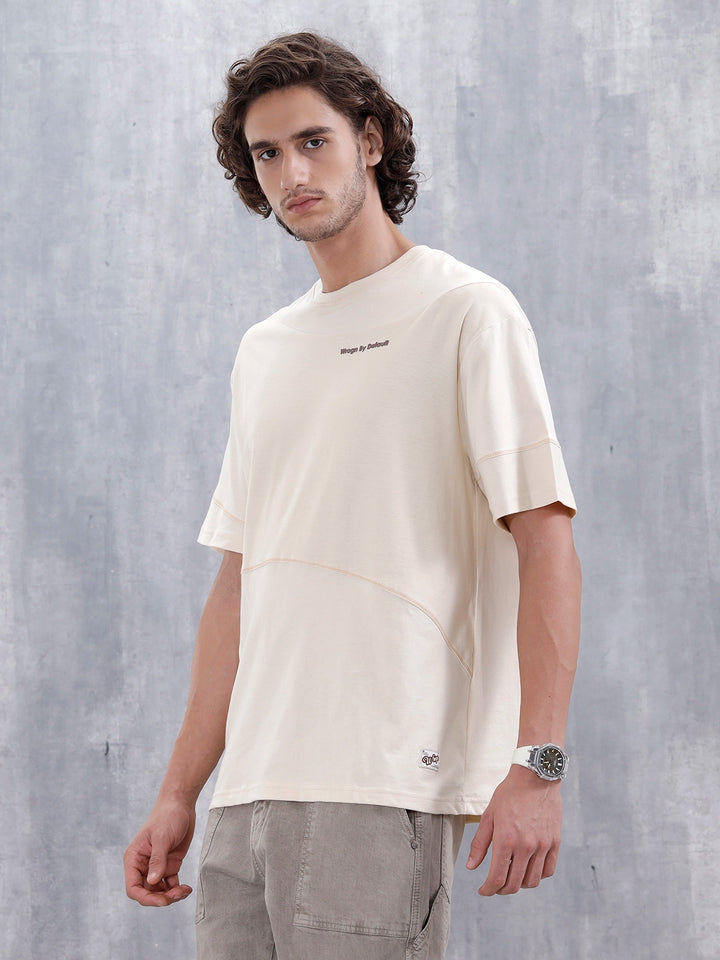 Casual Men Oversized Fit Tee With Flat Lock Detail | Beige