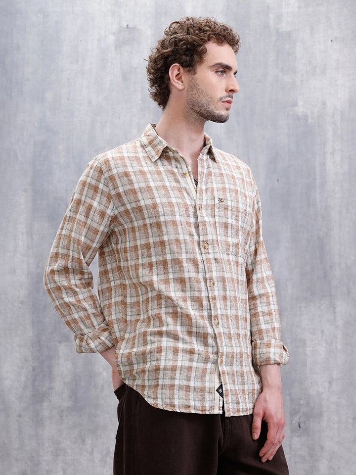 Checked Linen Blend Shirt  | Khaki