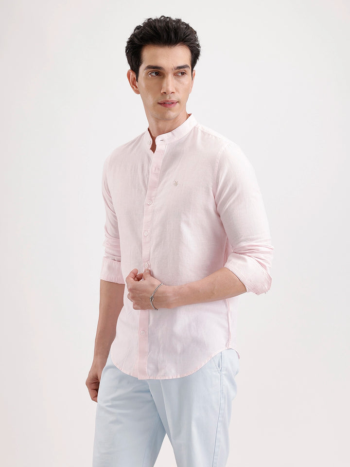 Slim Fit Mandrin Collar Linen Blend Shirt  | Pink