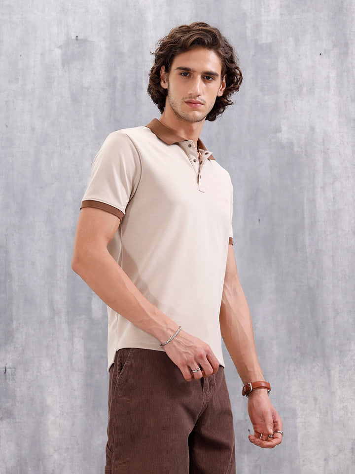 Men Slim Fit Polo Collar T-Shirt With Contrast Collar | Beige