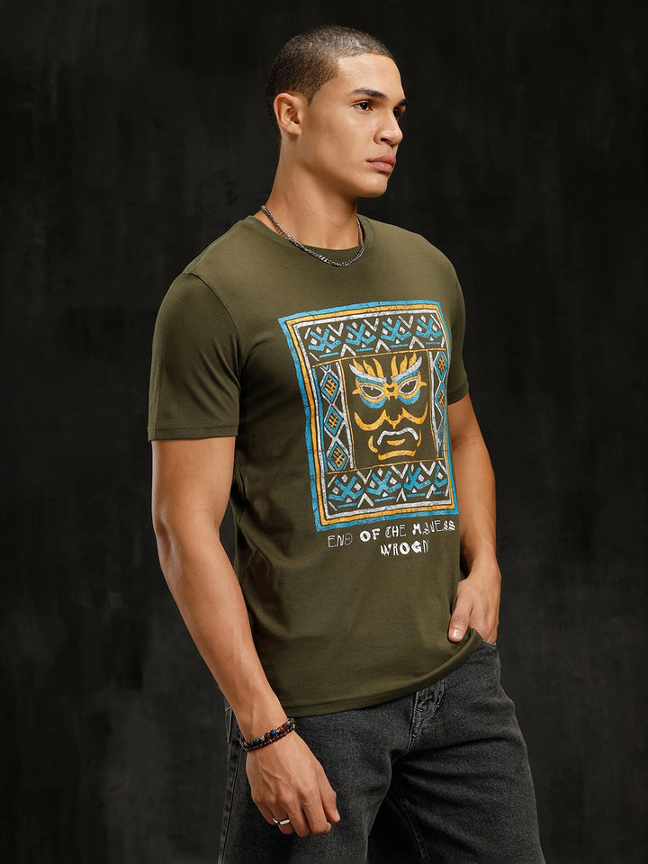 Mythical Faces Printed T-Shirt | Olive