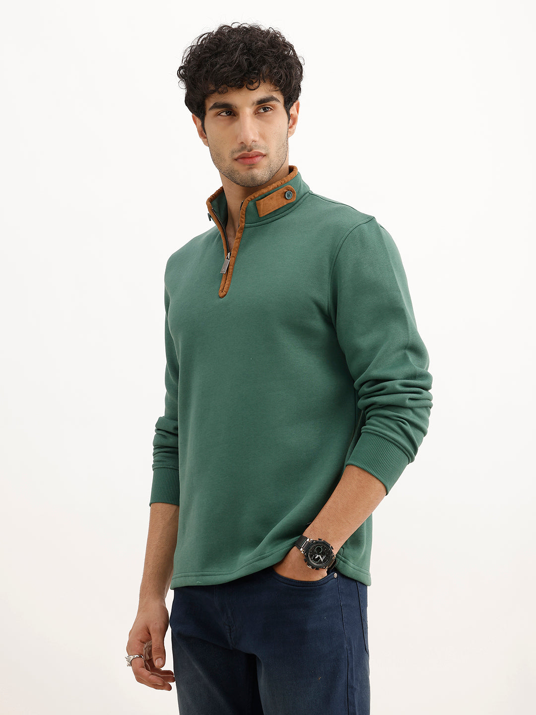 Solid Contrast Quarter Zipper Sweatshirt | Green