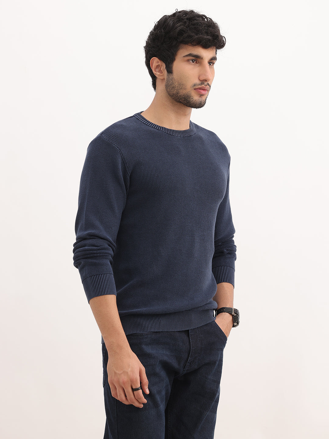 Solid Regular Fit Sweater | Navy Blue
