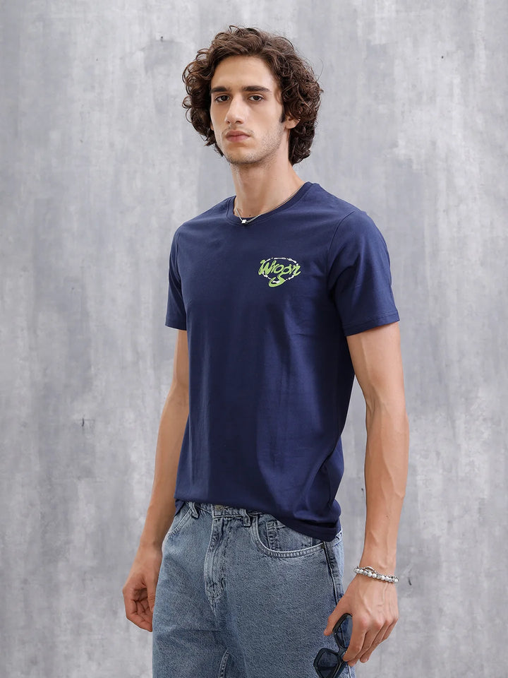 Placement Printed Slim Fit T-Shirt  | Navy Blue