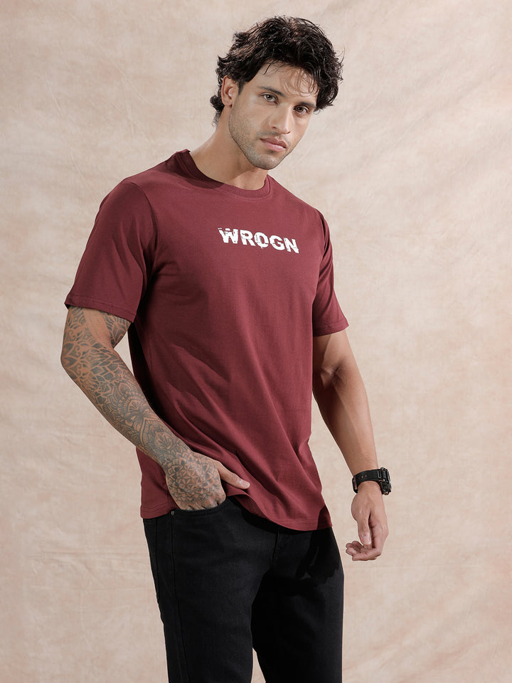Glitched Logo Printed T-Shirt | Maroon