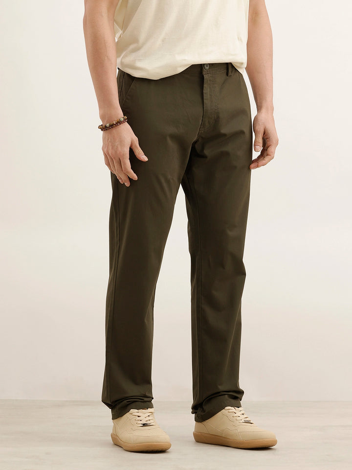 Straight Fit Solid Trouser | Olive