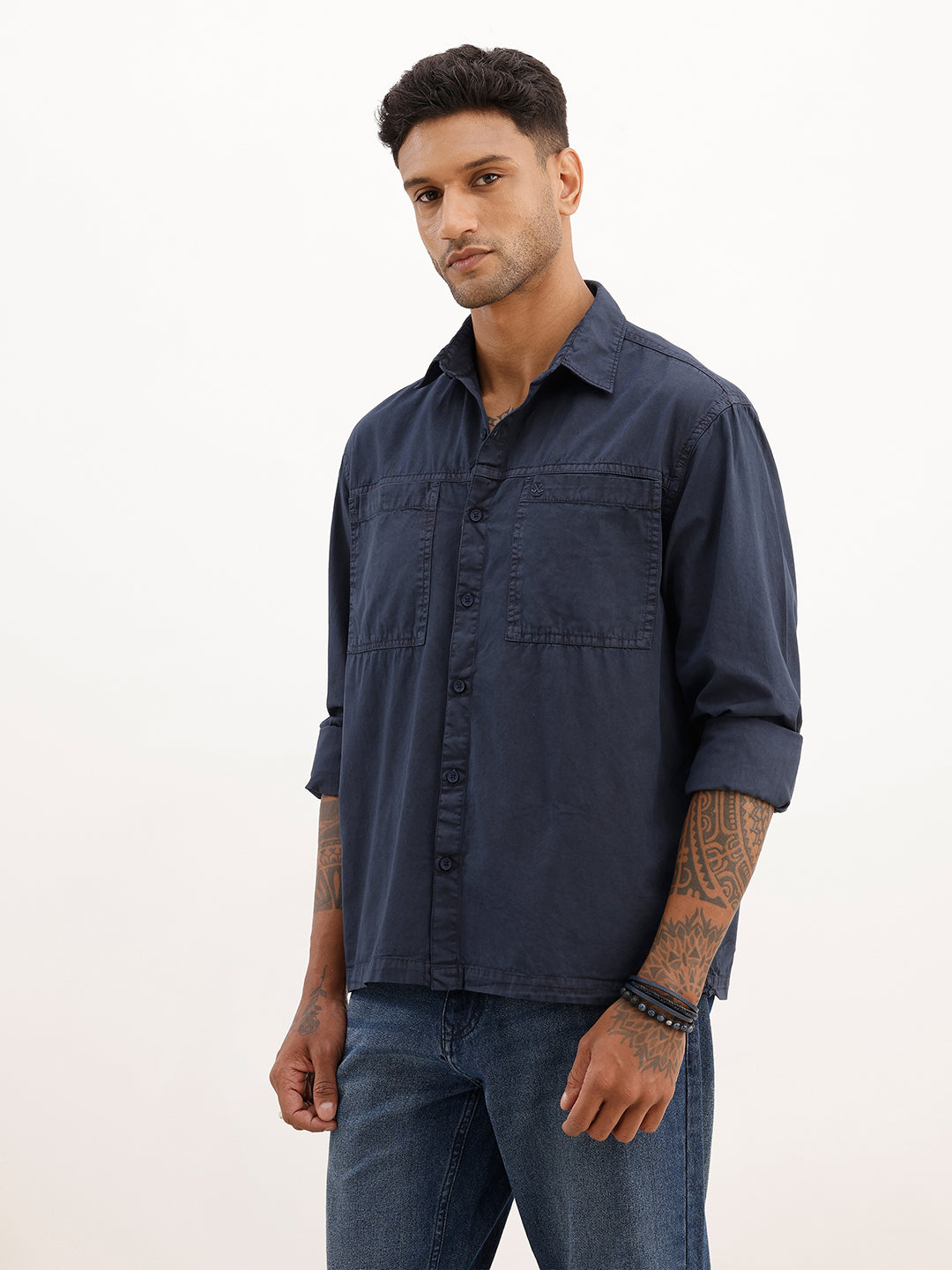 Solid Double Pocket Full Sleeve Shirt | Blue