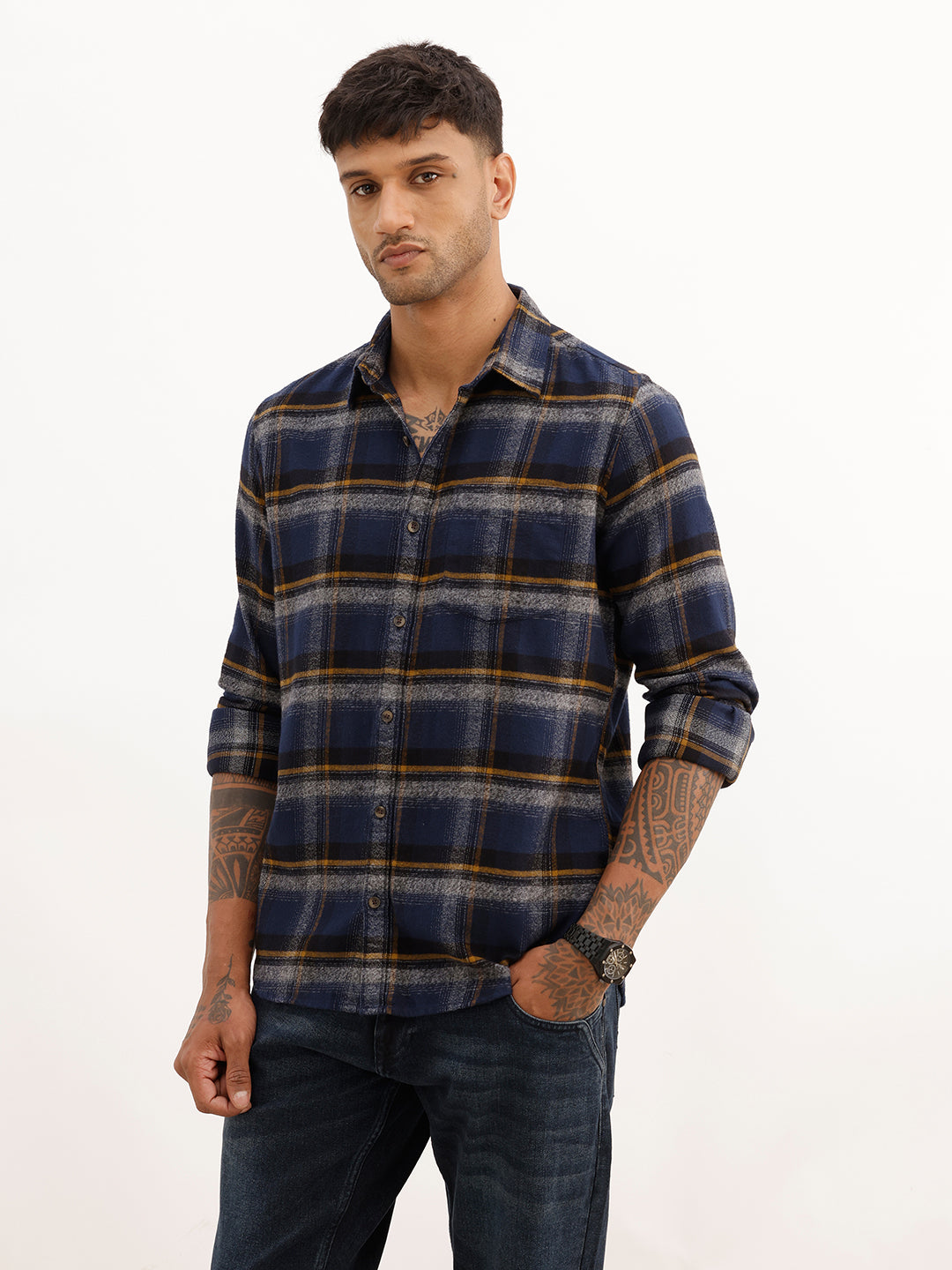 Classic Slim Fit Checkered Shirt | Navy Blue | WSH02FSSL0355S