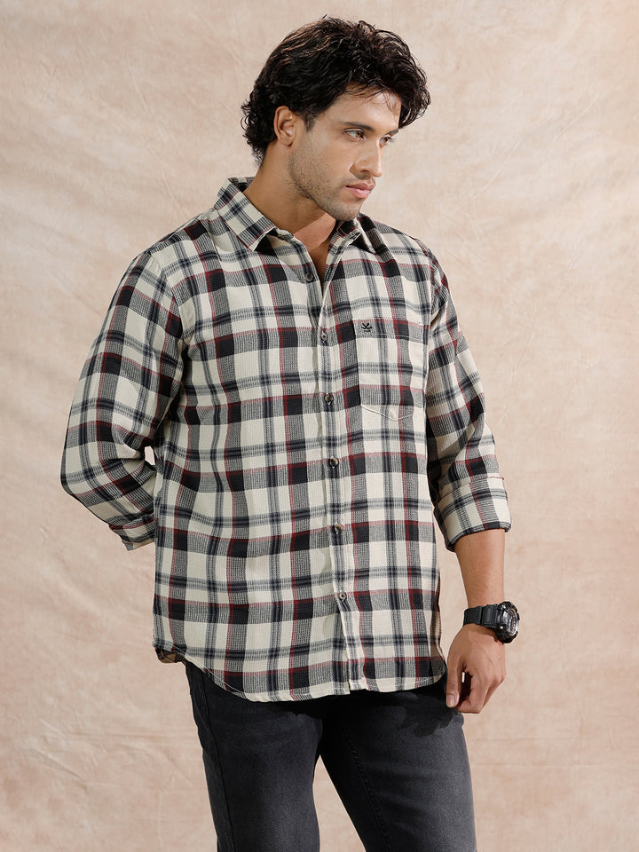 Dobby Textured Checks Regular Fit Shirt | Off White