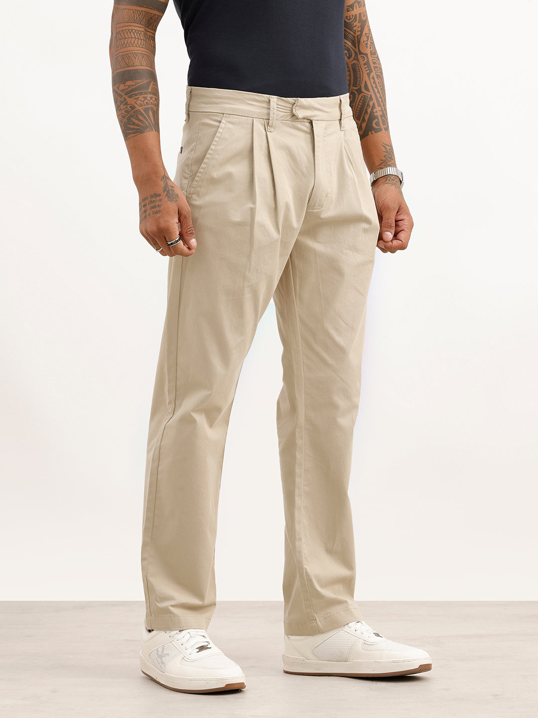 Solid Anti Fit Double Pleated Trouser | Beige