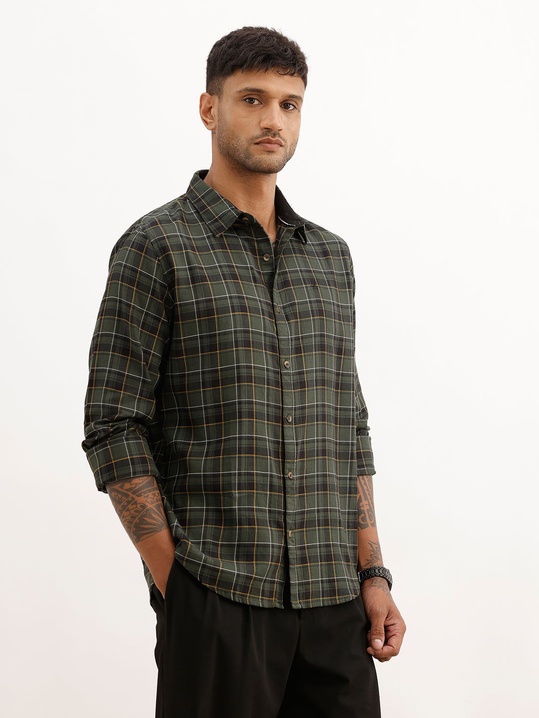Slim Fit Checkered Shirt | Olive | WSH02FSSL0072S