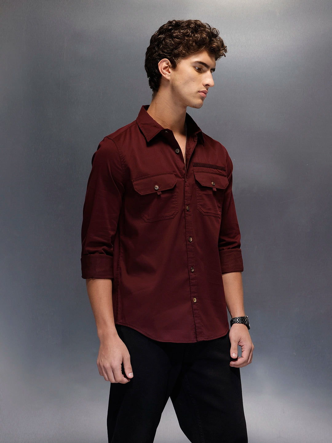 Men's Slim Fit Casual Shirt with Double Pocket  |  Wine
