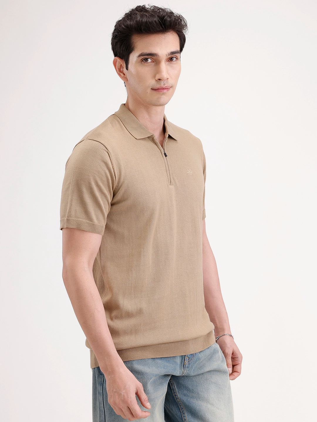 Slim Fit Flat Knit Polo T-Shirt | Khaki