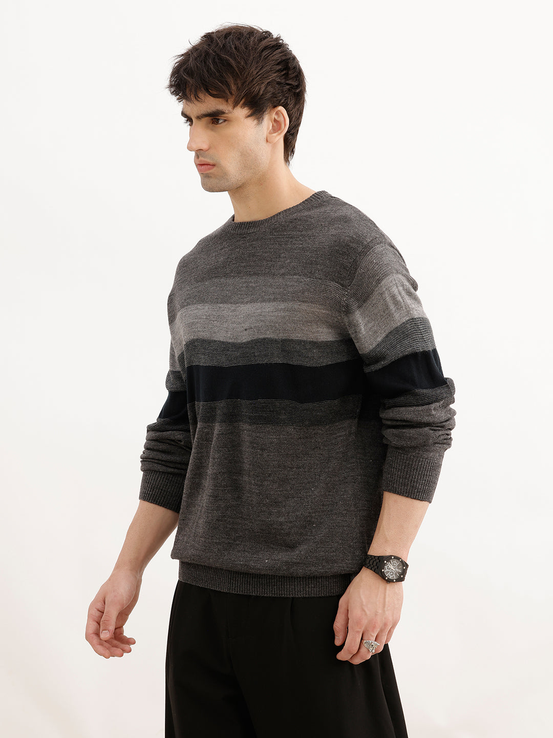 Slim Fit Striped Full Sleeve T-Shirt | Grey | WSW02FSRE1043W