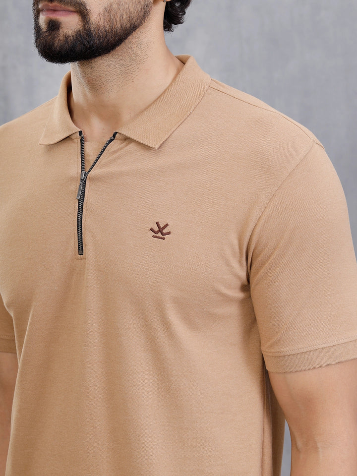 Zipper Polo T-Shirt | Beige