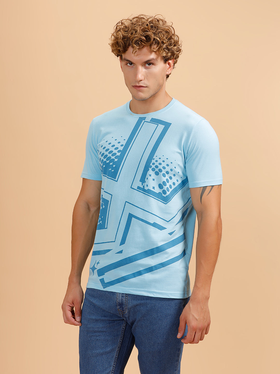 Placement Printed Regular Fit T-Shirt | Light Blue