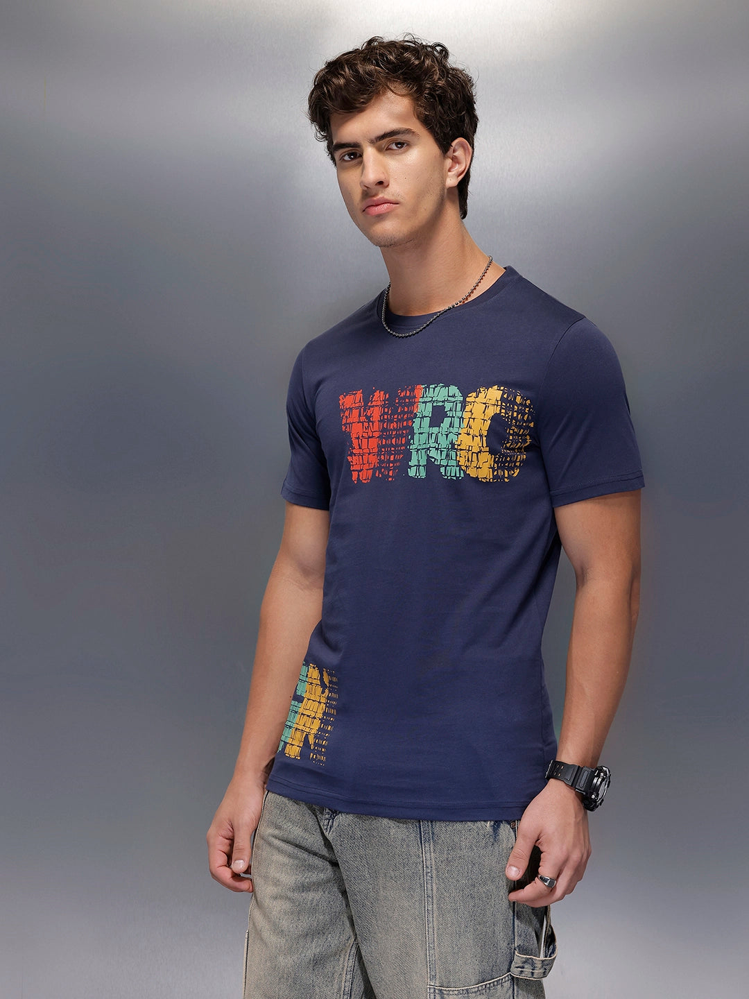 Placement Printed Regular Fit T-Shirt   |  Navy Blue