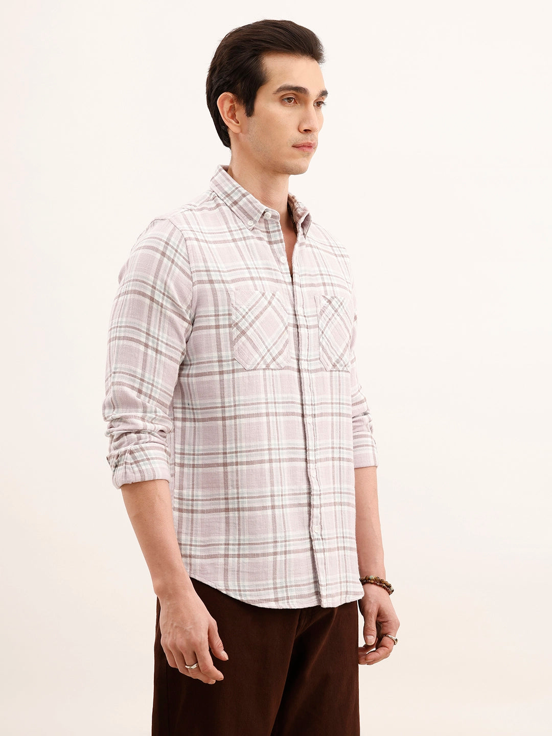 Regular Fit Double Pocket Checkered Shirt | Pink