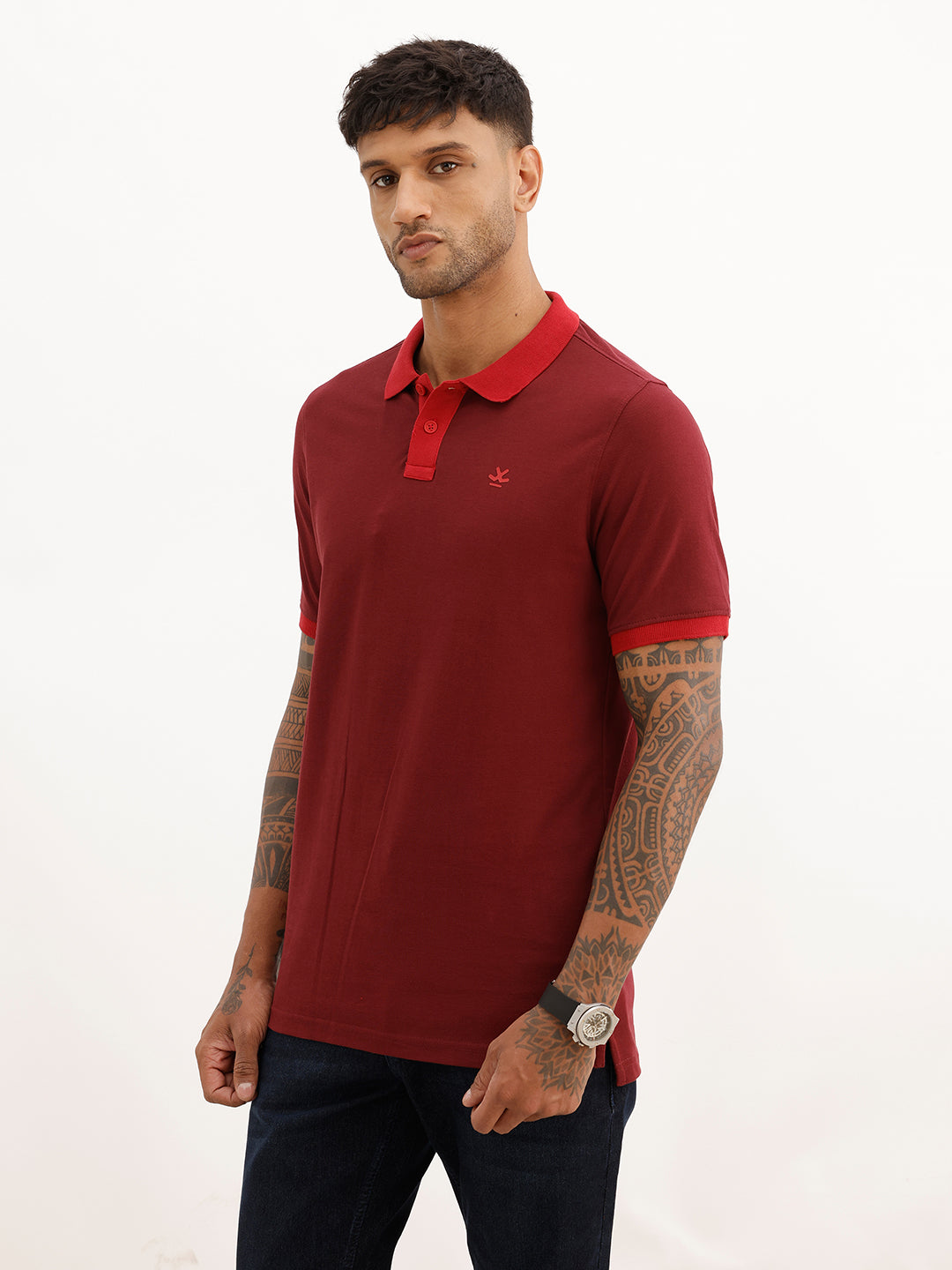 Slim Fit Contrast Collar Polo T-Shirt | Maroon