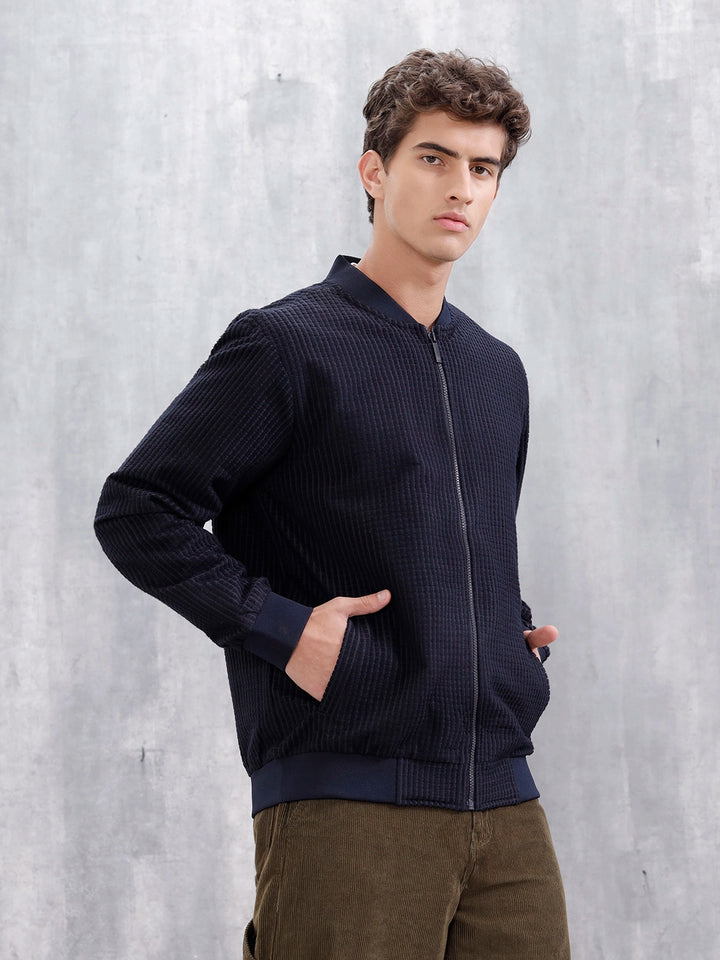 Men’s Textured Casual Bomber Jacket | Black
