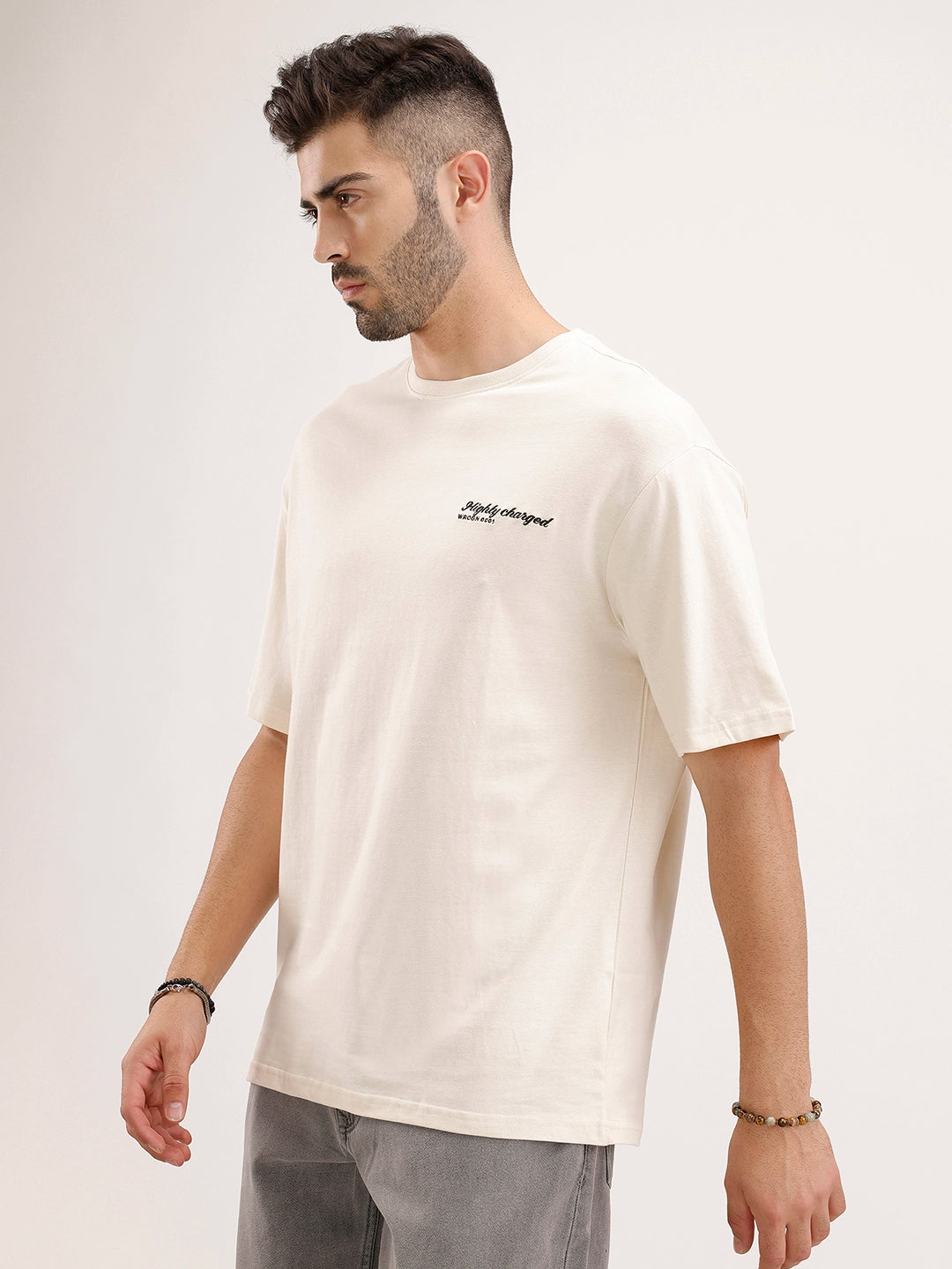 Oversized Fit Embroidered T-Shirt | Beige