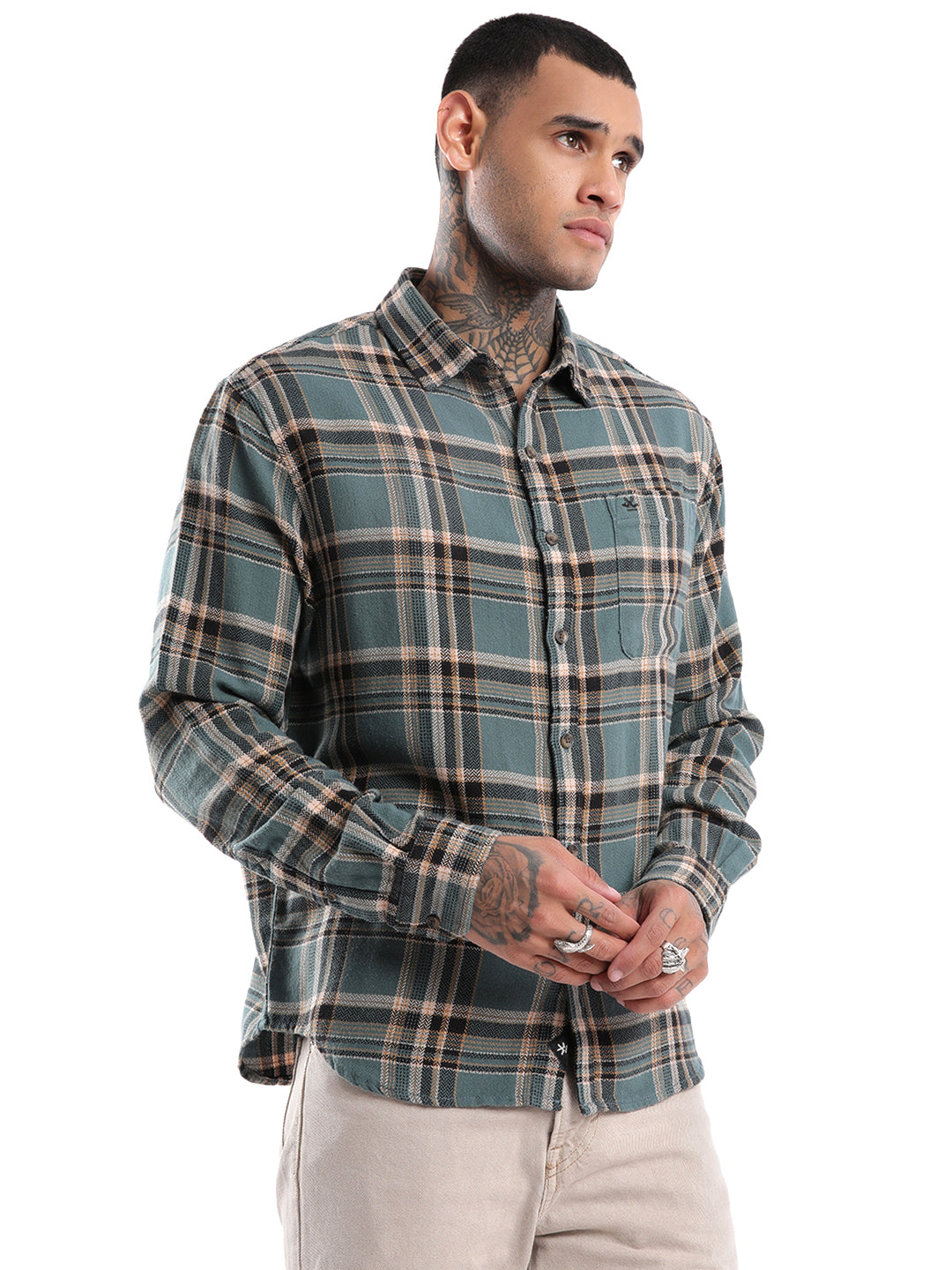 Green Herringbone Checkered Shirt