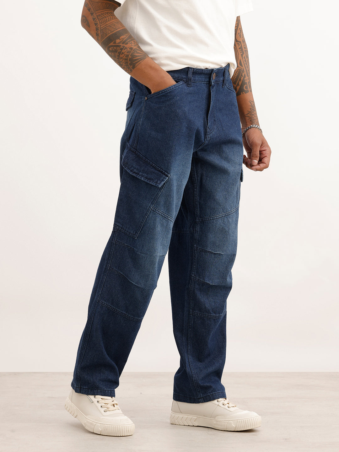 Faded Loose Fit Denim Cargo | Dark Blue