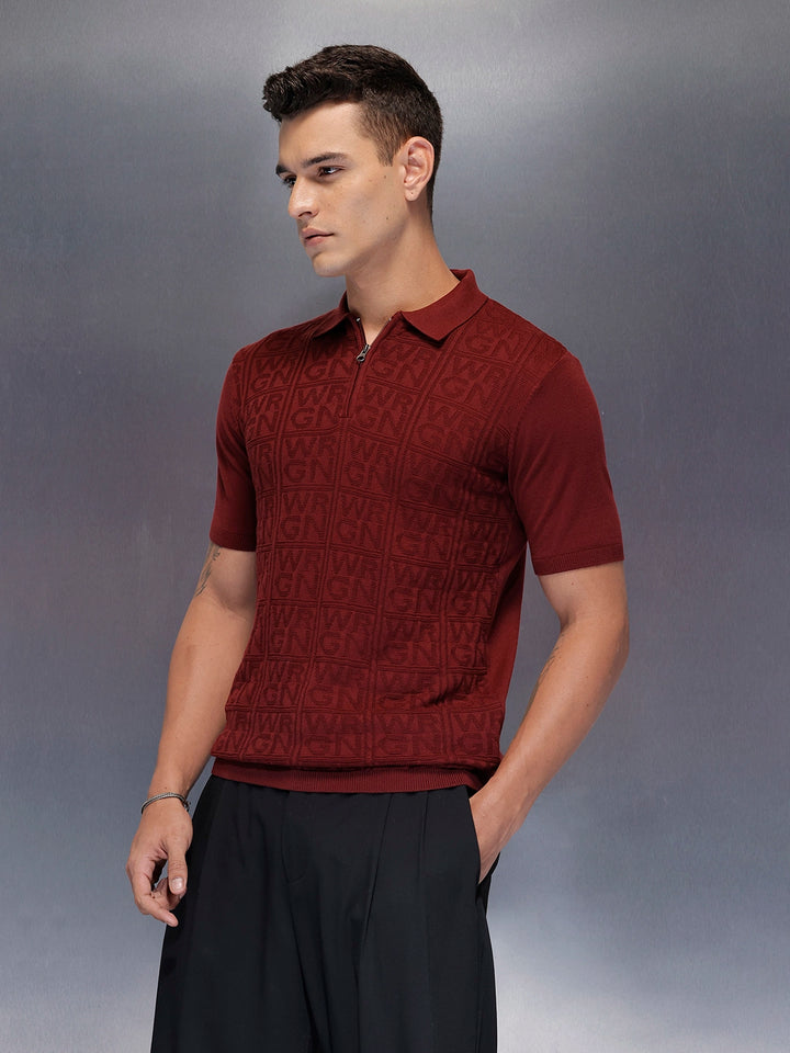 Men's slims fit polo with self design fabric | Maroon