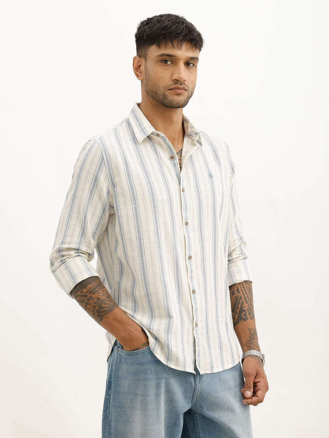Classic Slim Fit Striped Shirt | Off White