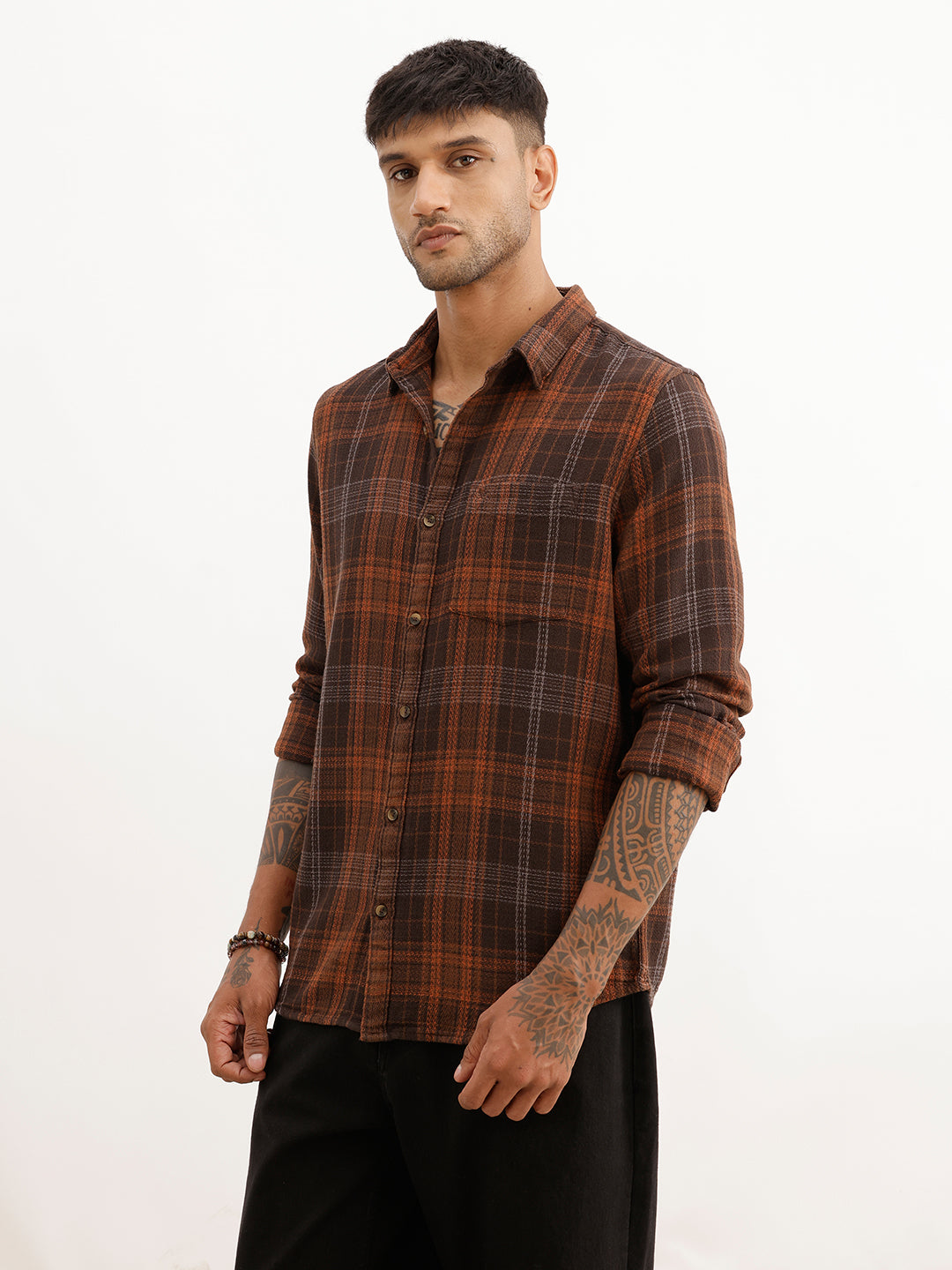 Slim Fit Checkered Full Sleeve Shirt | Brown