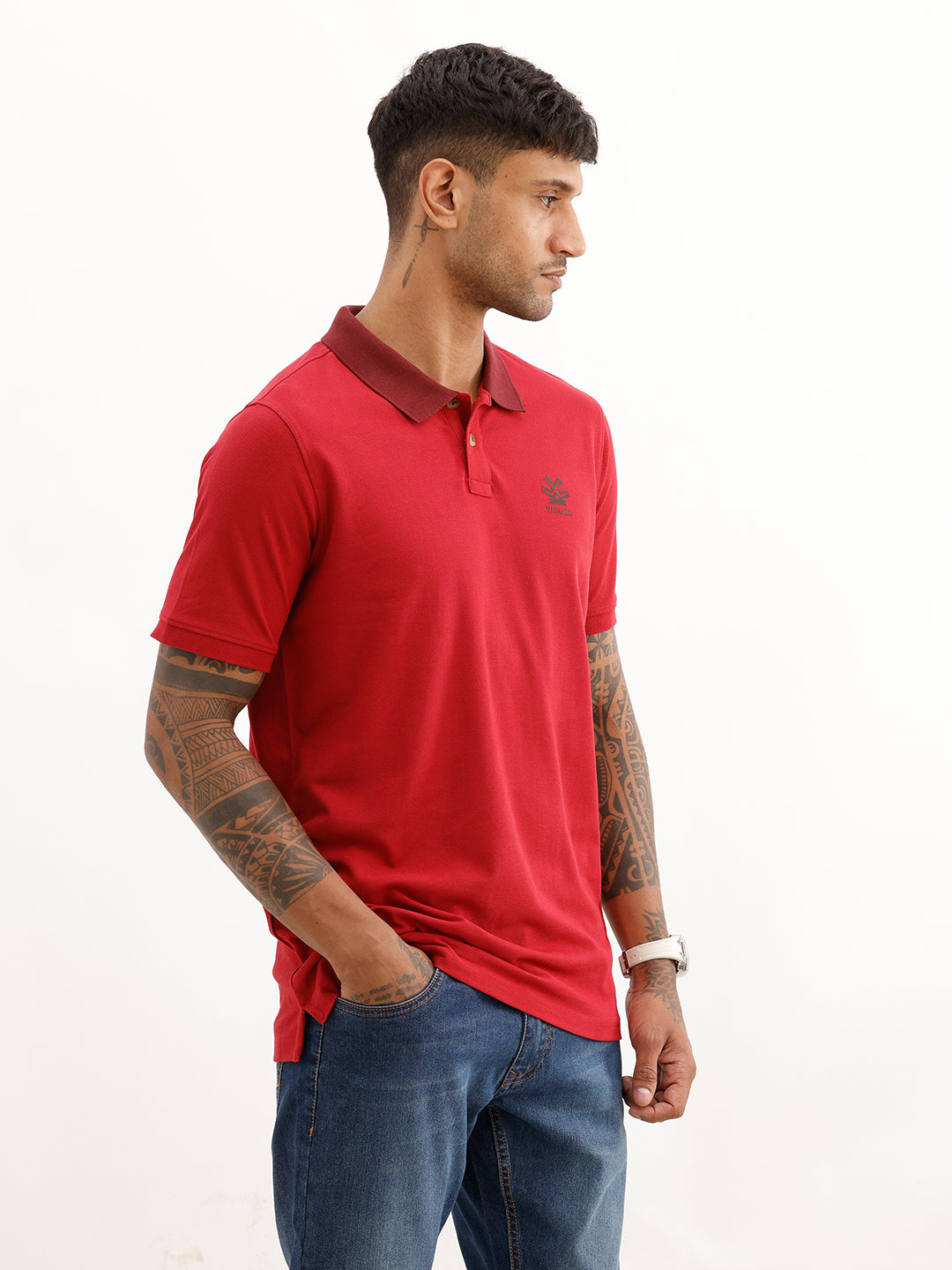 Slim Fit Contrast Sleeve Polo T-Shirt | Red