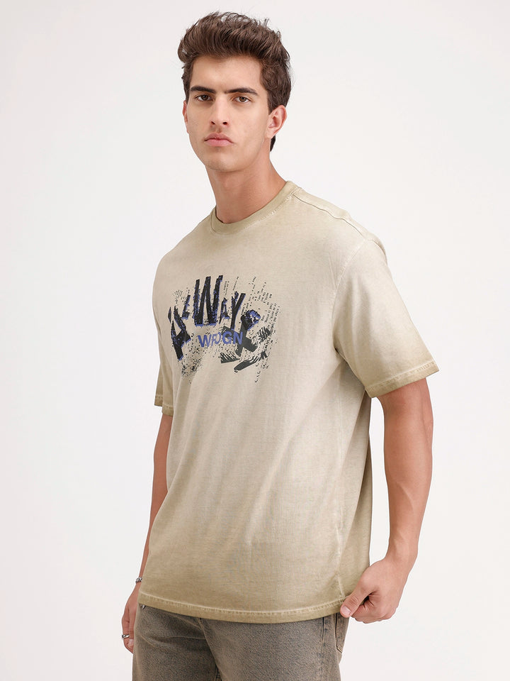Oversized Washed Placement Printed T-Shirt | Khaki