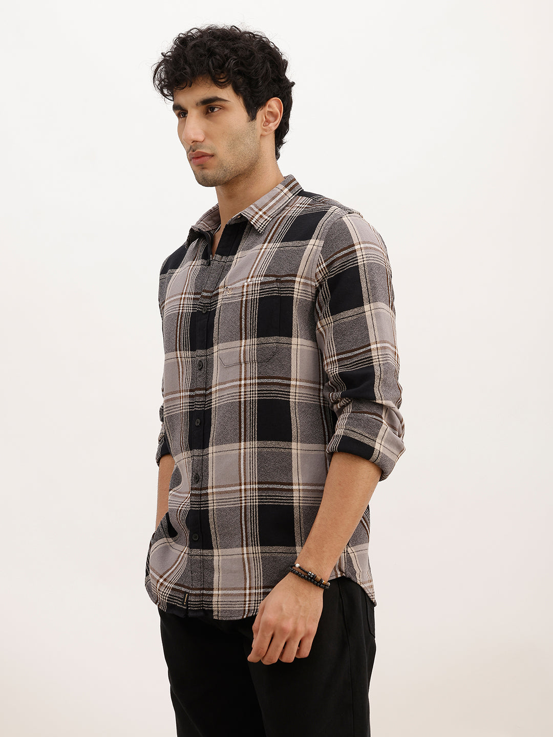 Slim Fit Checkered Full Sleeve Shirt | Black