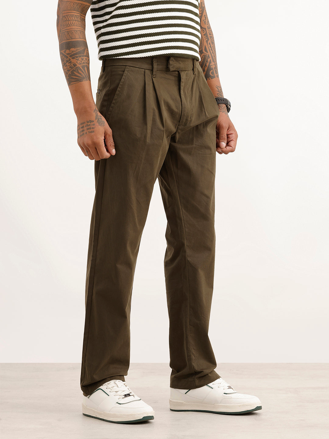 Solid Anti Fit Double Pleated Trouser | Olive