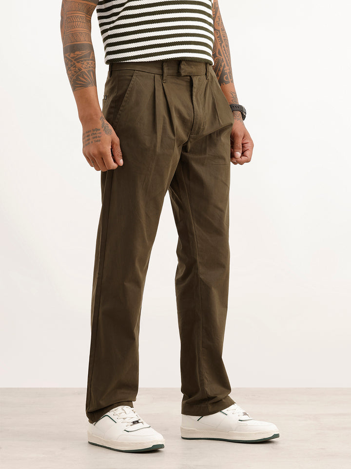 Solid Anti Fit Double Pleated Trouser | Olive
