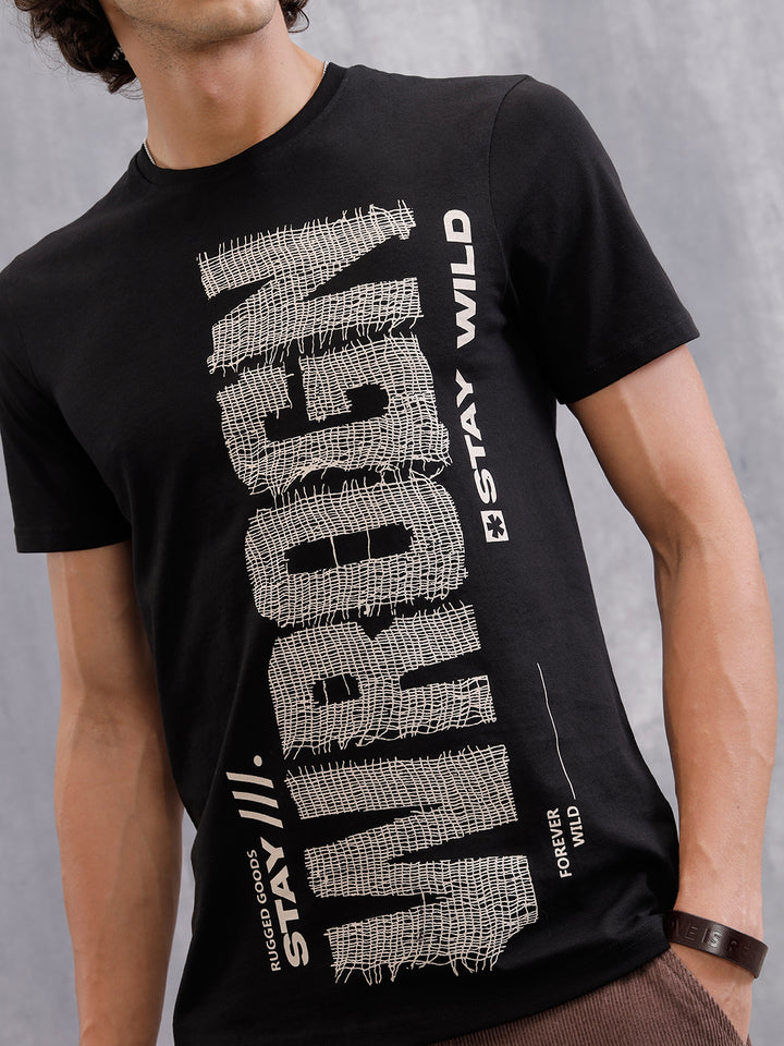 Distressed Yarn Look Brand Carrier Crew Neck In Slim Fit | Black