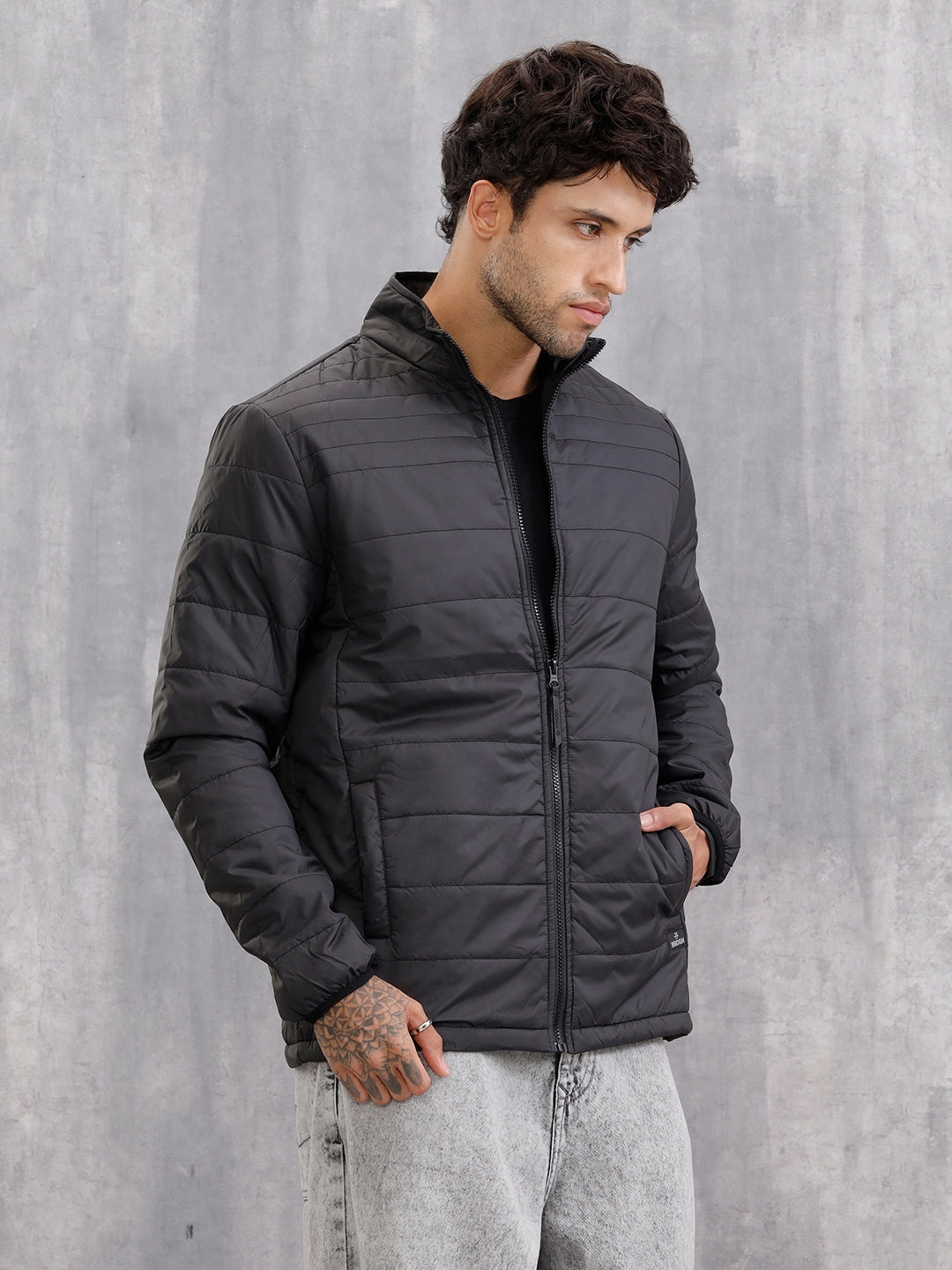 Casual Quilted Solid Bomber Jacket | Black