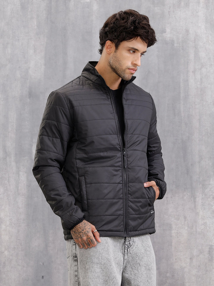 Casual Quilted Solid Bomber Jacket | Black