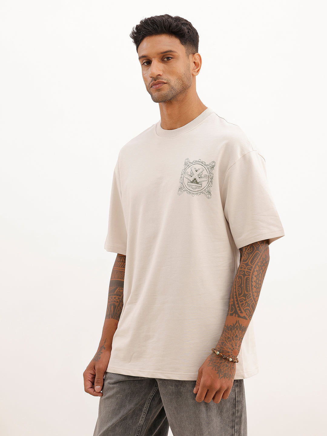 Classic Oversized Fit Back Print T-Shirt | Beige