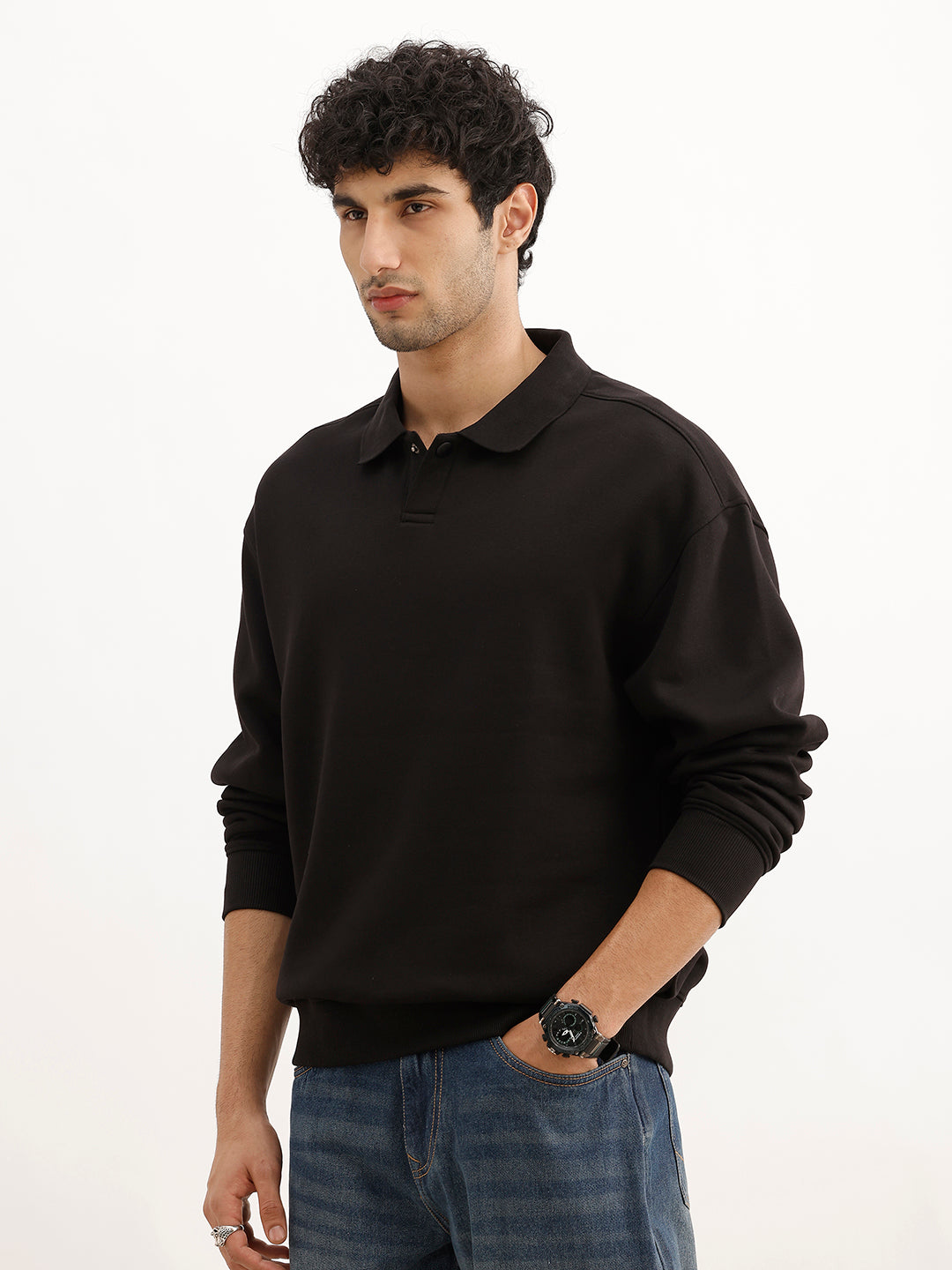 Solid Oversized Collared Sweatshirt | Black