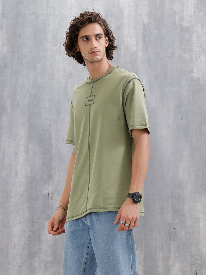 Raw Edge & Stitch Detail Oversized Fit T-Shirt | Green